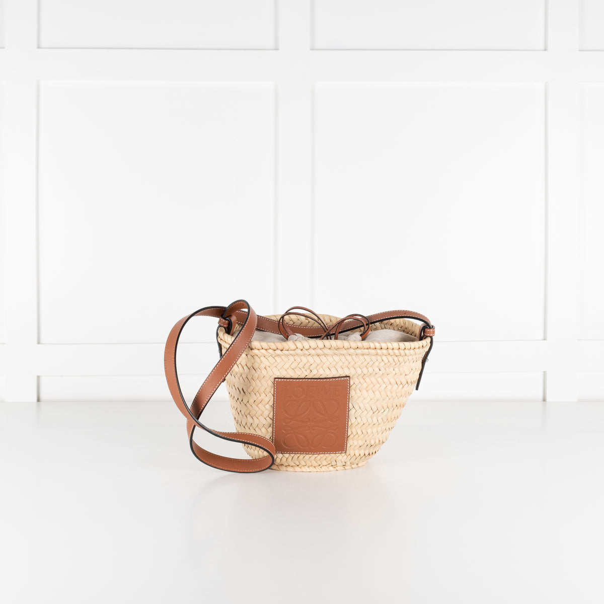 Loewe Beige Palm Leaf + Calfskin Leather Drawstring Bucket Bag