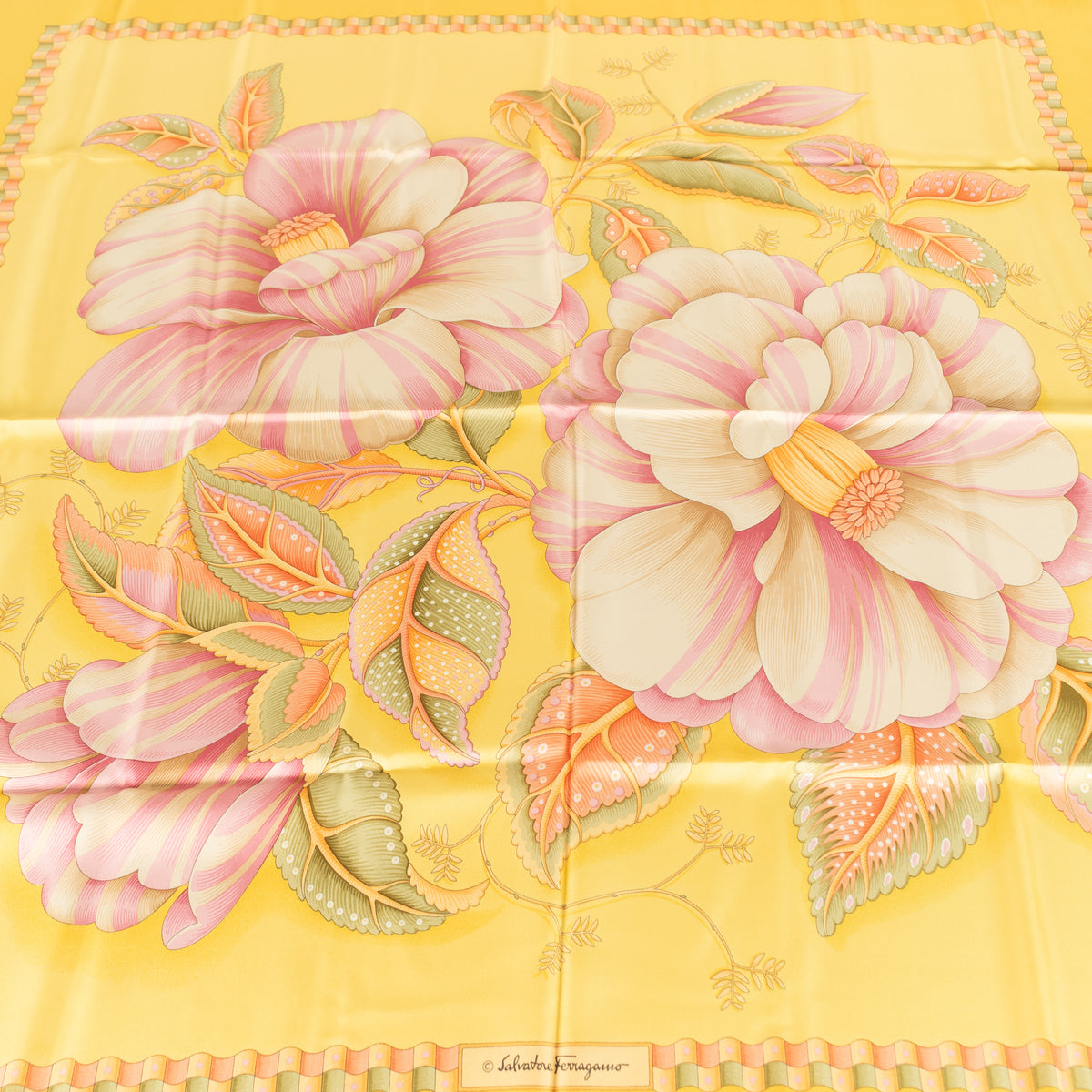 Salvatore Ferragamo Yellow With Pink Flower Print Silk Scarf