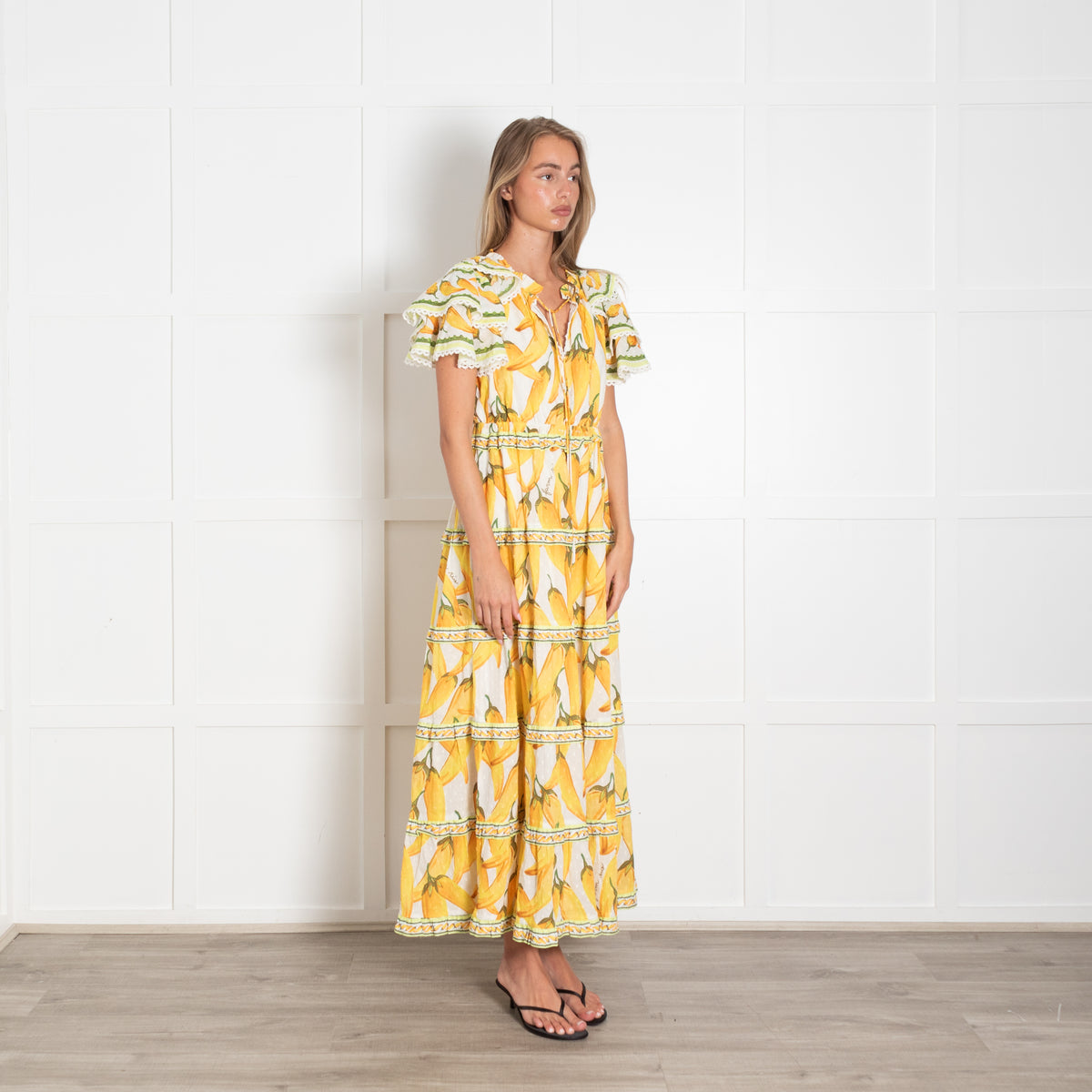 Farm Rio White Yellow Fruits Lace Trim Cap Sleeved Maxi Dress