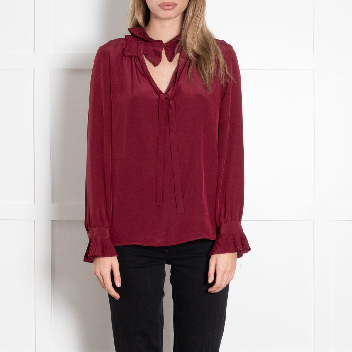 Claudie Pierlot Burgundy Silk Blouse With Pleated Collars & Cuffs
