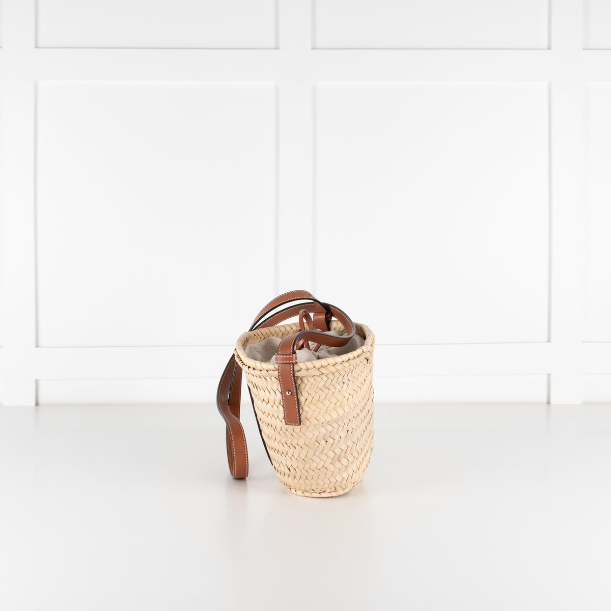 Loewe Beige Palm Leaf + Calfskin Leather Drawstring Bucket Bag