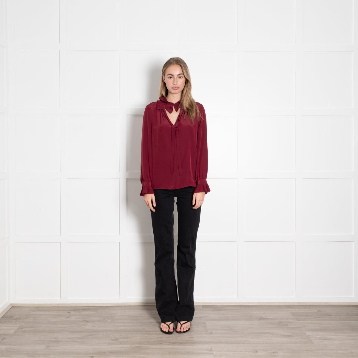 Claudie Pierlot Burgundy Silk Blouse With Pleated Collars & Cuffs