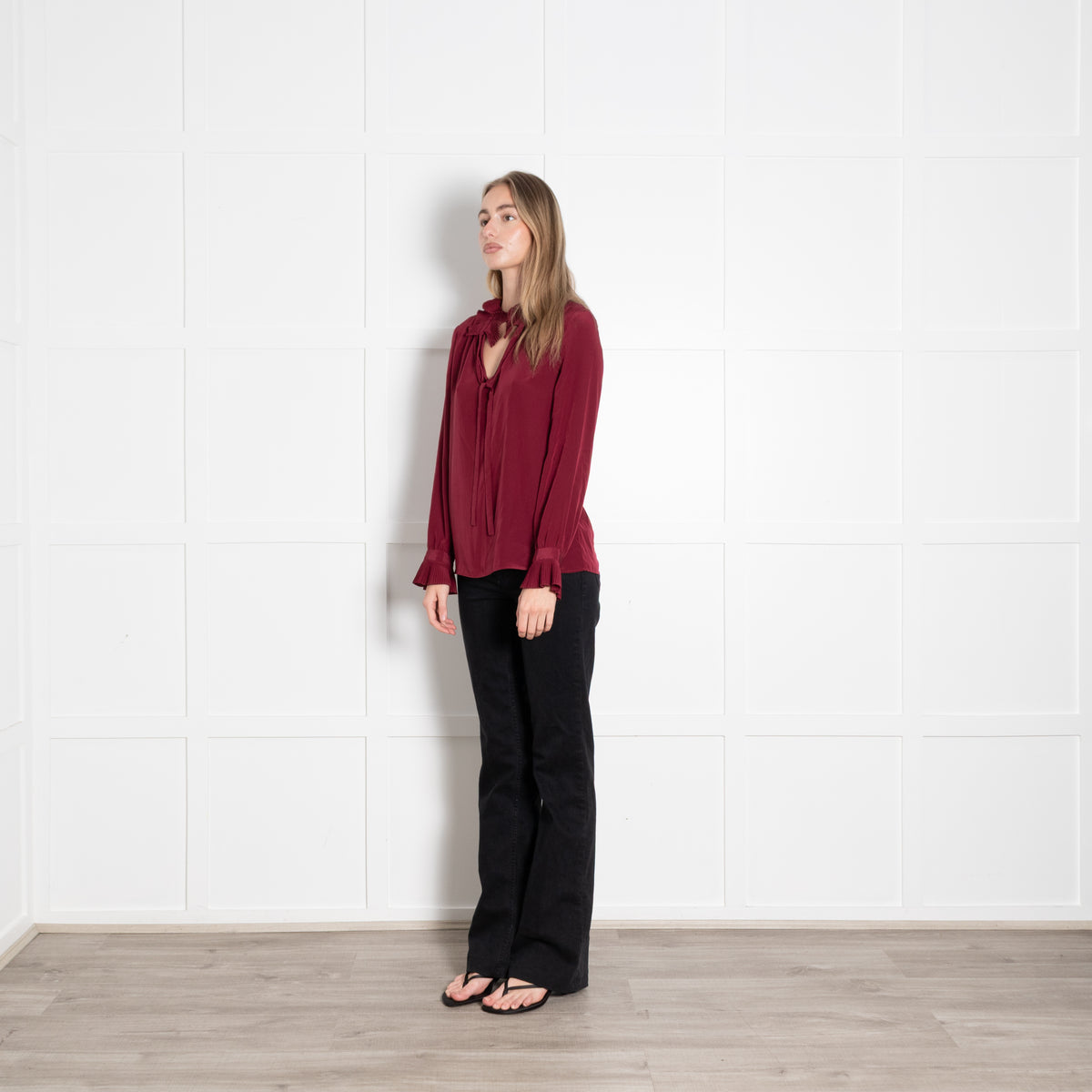 Claudie Pierlot Burgundy Silk Blouse With Pleated Collars & Cuffs