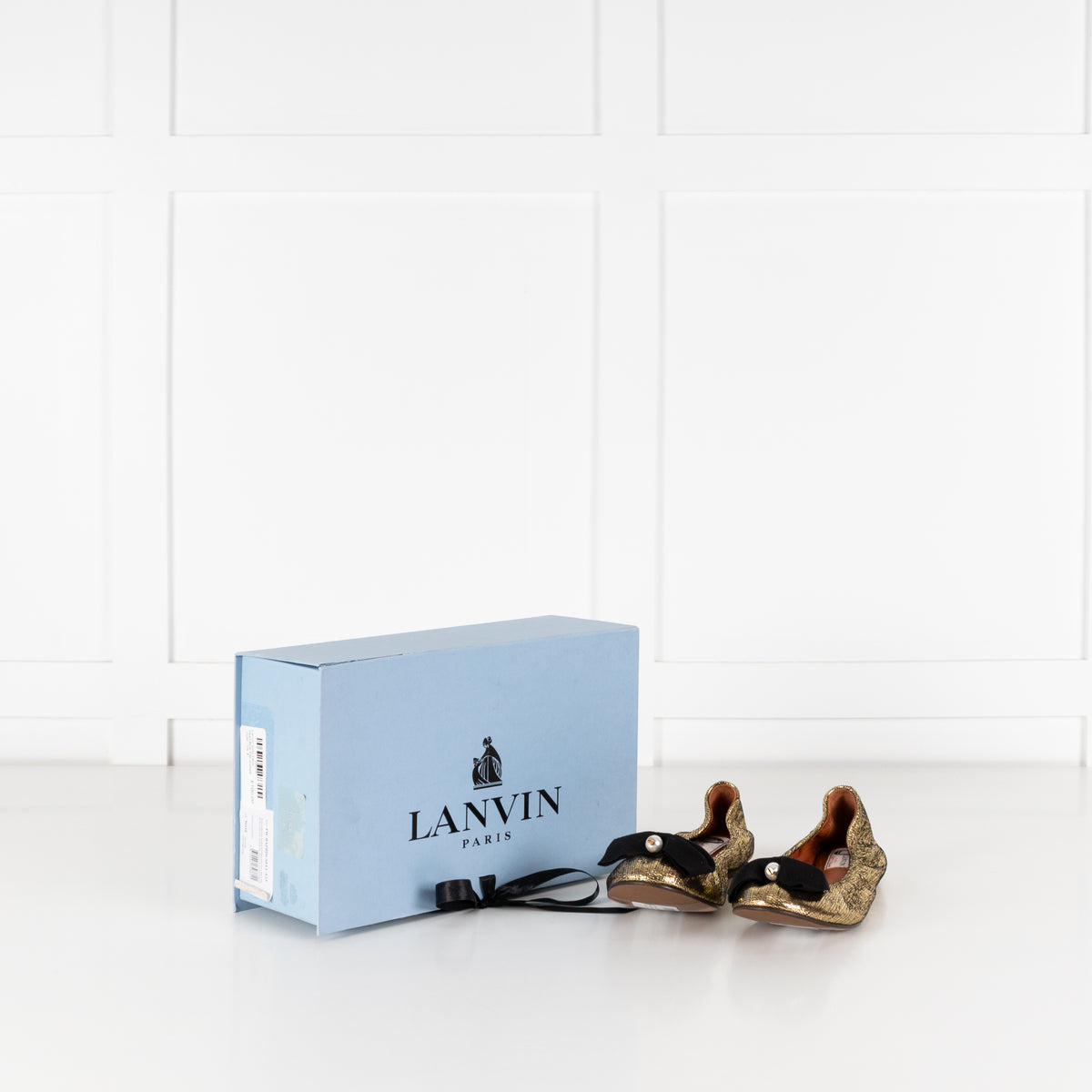 Lanvin Gold Faux Pearl Bow Flat Pumps