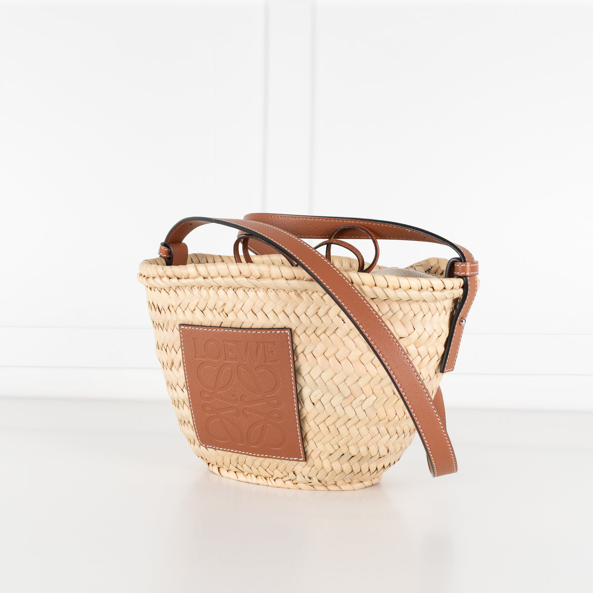 Loewe Beige Palm Leaf + Calfskin Leather Drawstring Bucket Bag