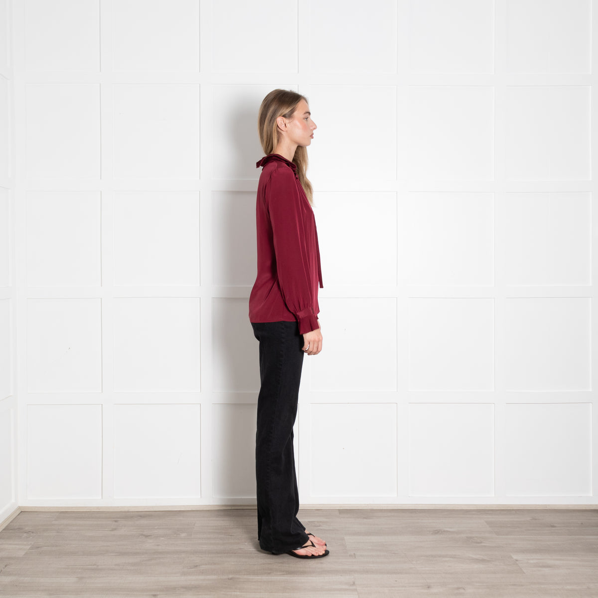 Claudie Pierlot Burgundy Silk Blouse With Pleated Collars & Cuffs