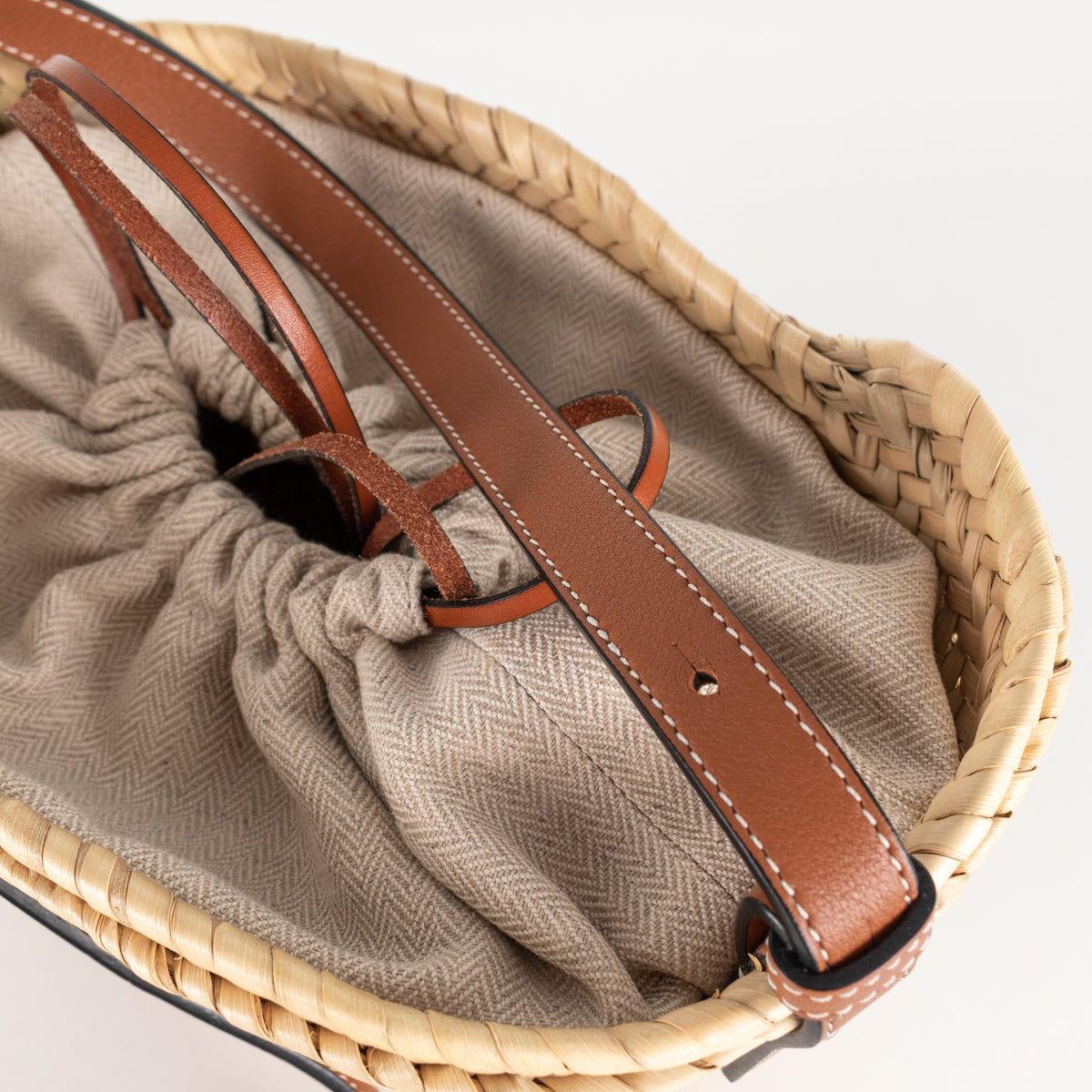 Loewe Beige Palm Leaf + Calfskin Leather Drawstring Bucket Bag