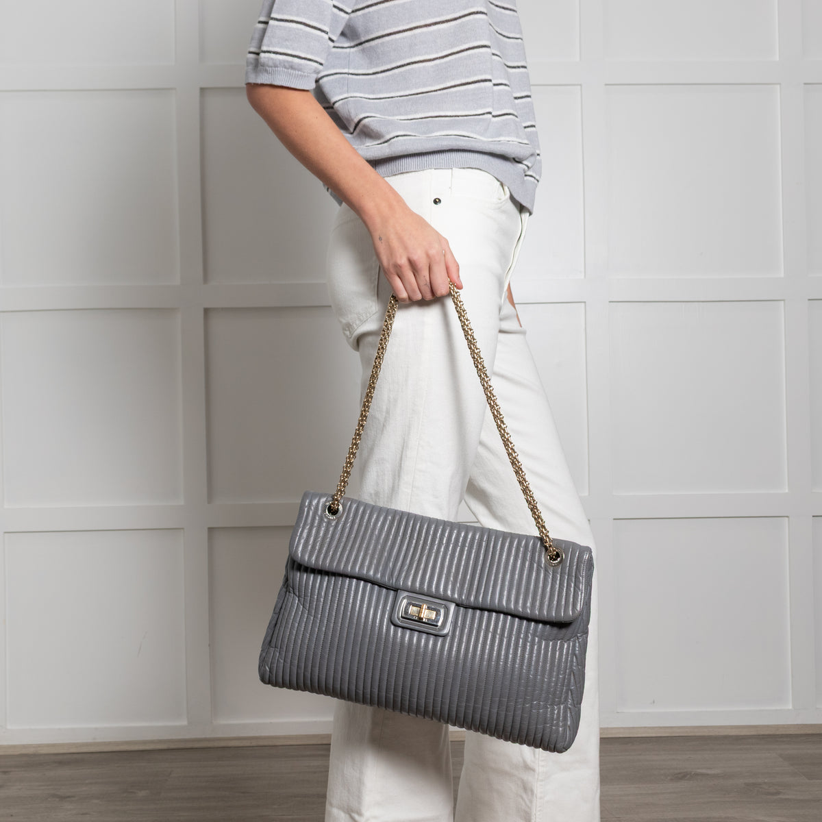 Chanel Grey Vertical Quilt Mademoiselle Lock Bag