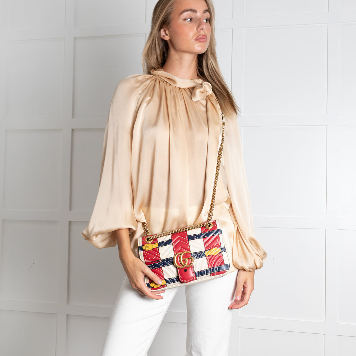 Gucci Cream with Red Blue Yellow Marmont Quilted Flap Shoulder Bag