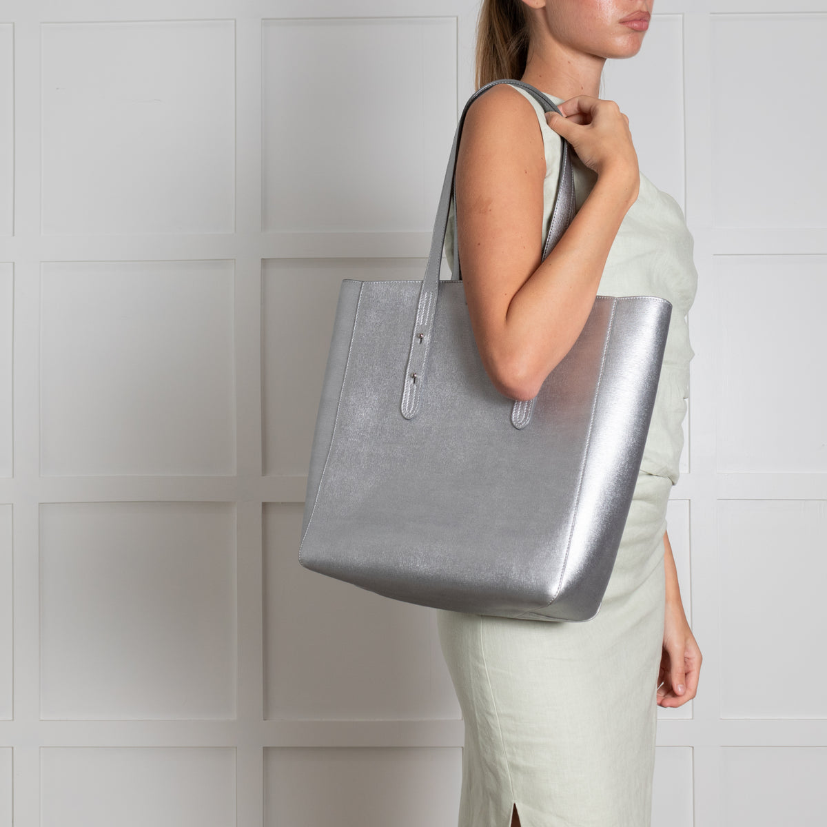 Aspinal of London Silver Leather Tote Bag