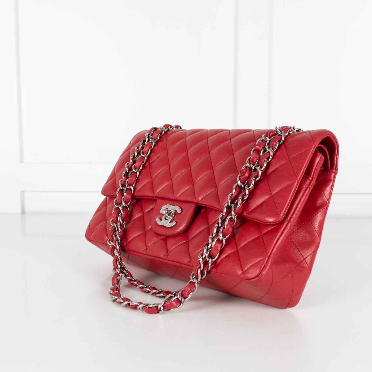 Chanel Red Lambskin Medium Double Flap with Silver Hardware