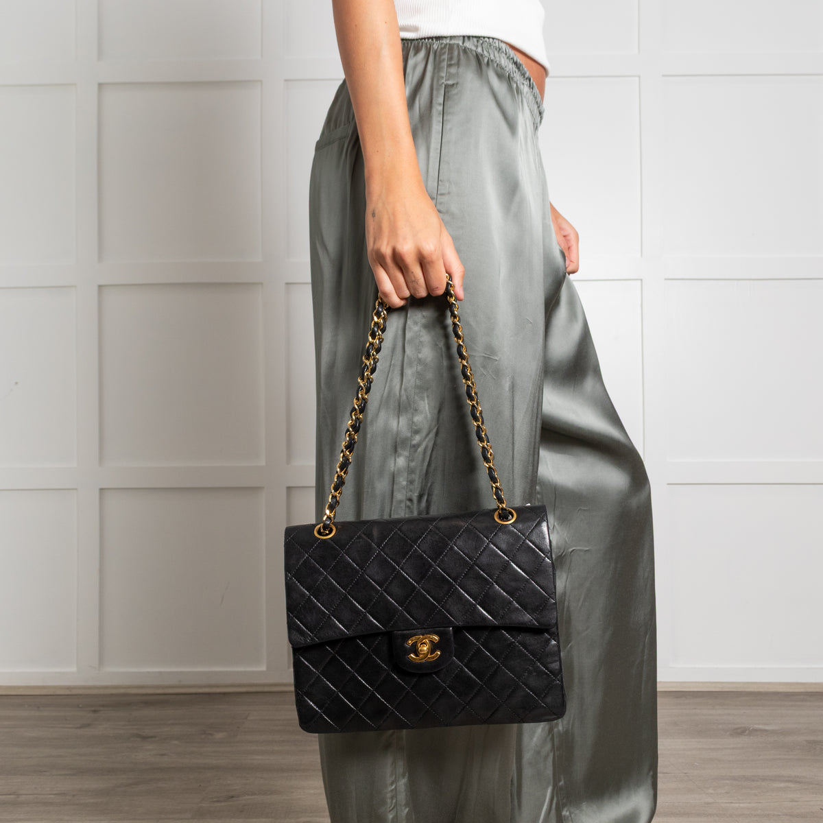 Chanel Black Lambskin Square Matelasse  Double Shoulder Bag