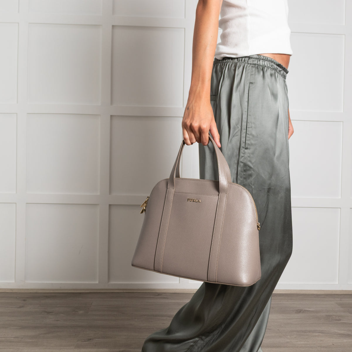 Furla Taupe Top Handle Bag With Detachable Strap