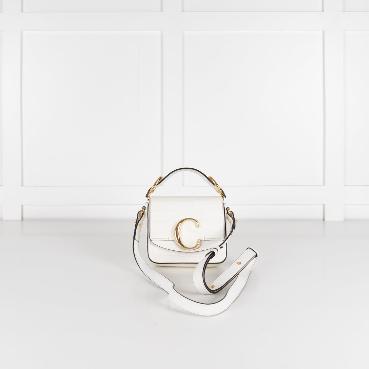 Chloe White Moc Croc Top Handle Crossbody Bag