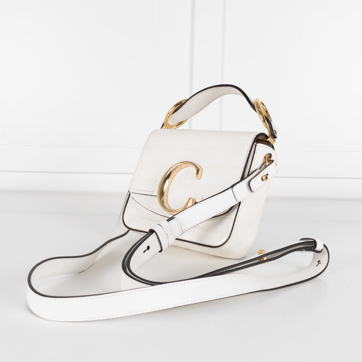 Chloe White Moc Croc Top Handle Crossbody Bag