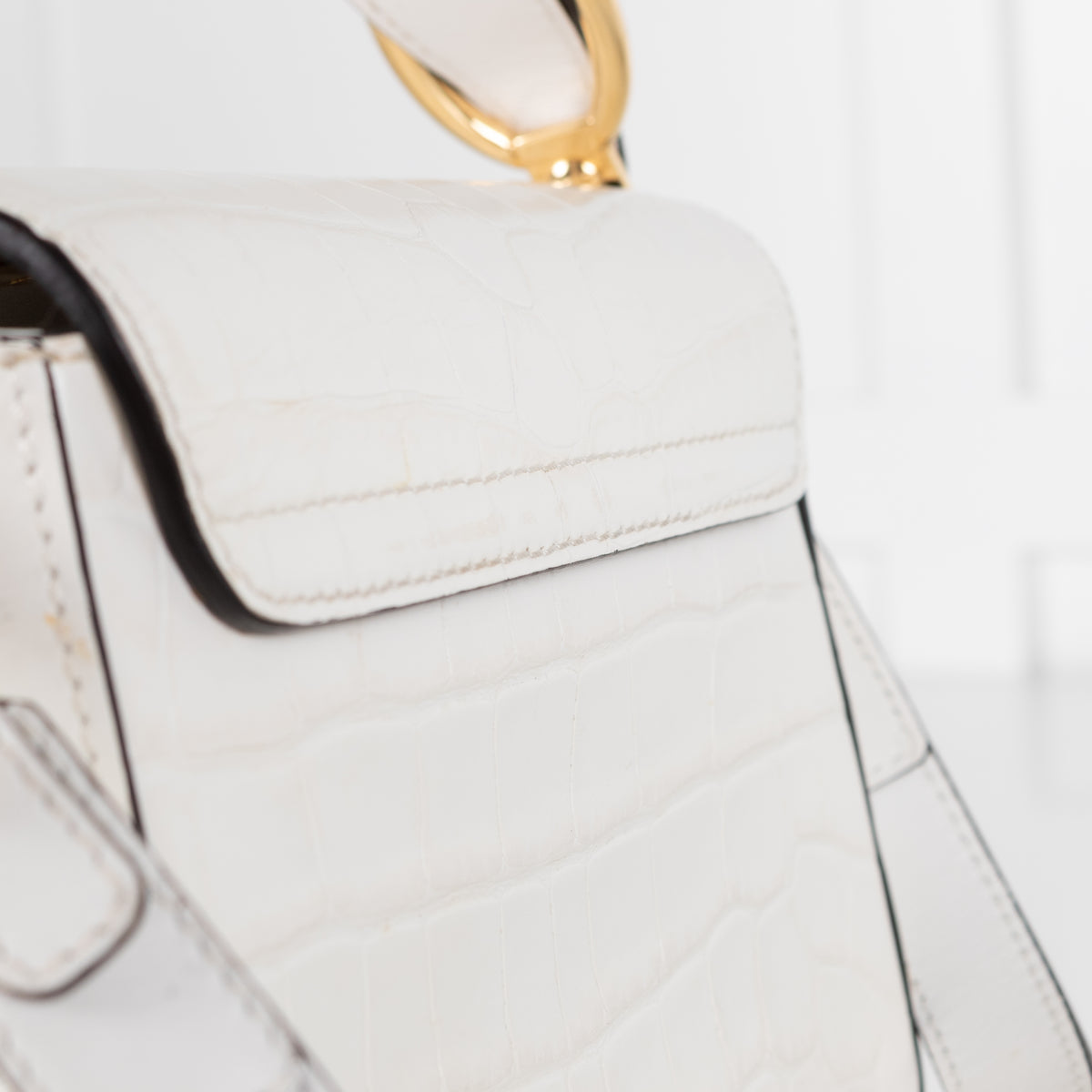 Chloe White Moc Croc Top Handle Crossbody Bag
