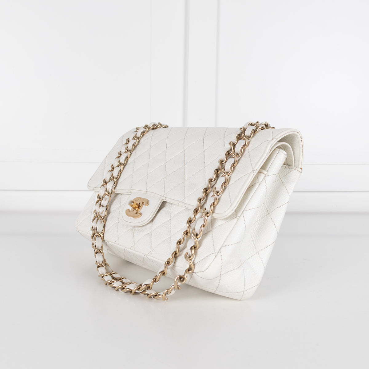 Chanel Vintage White Caviar Leather Medium Double Flap Bag