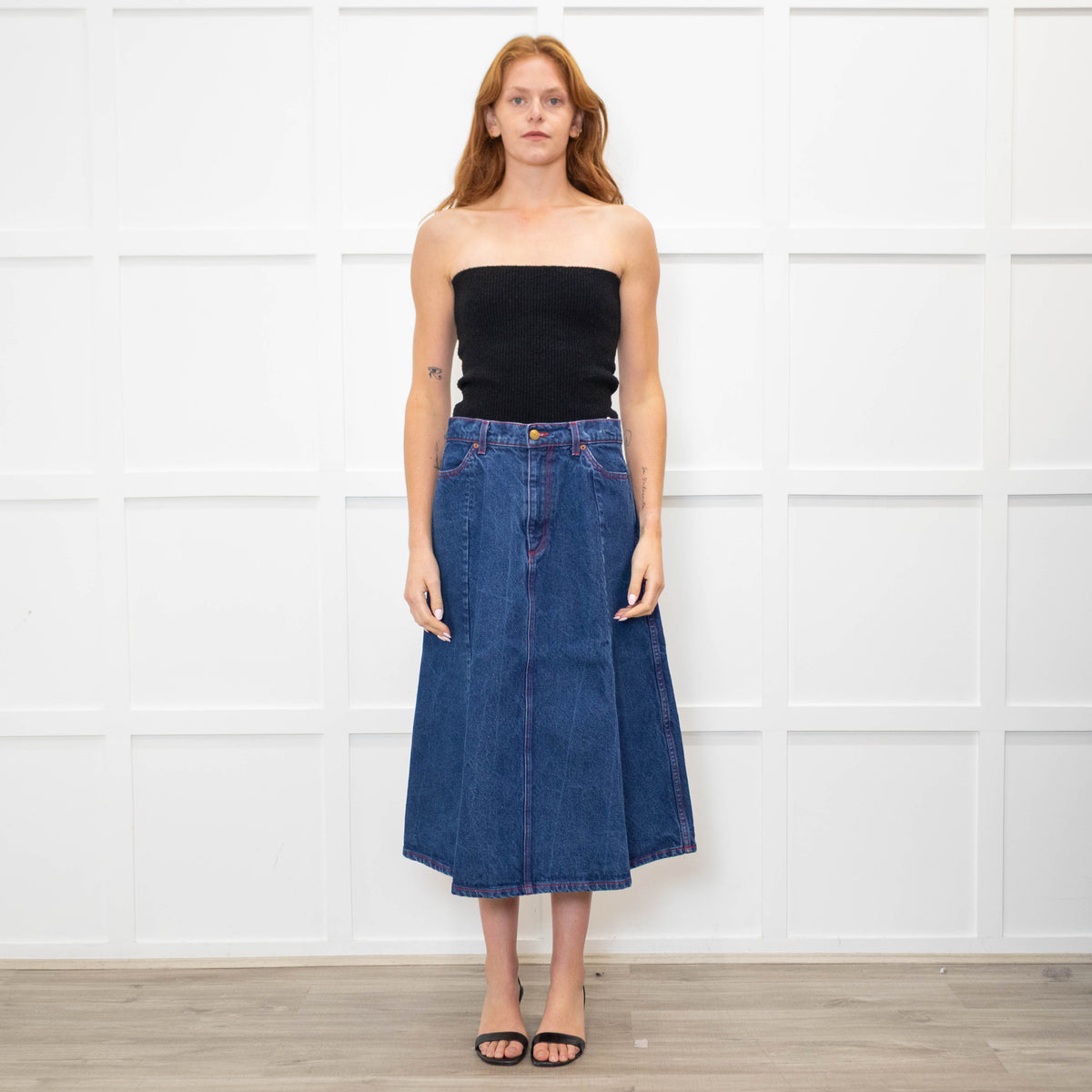 B Sides Dark Denim Midi Skirt with Red Stitching