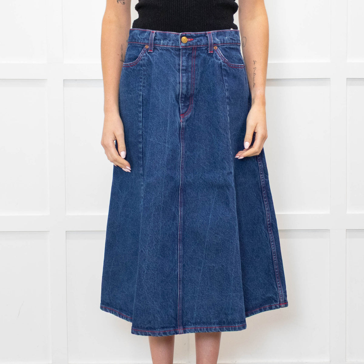 B Sides Dark Denim Midi Skirt with Red Stitching