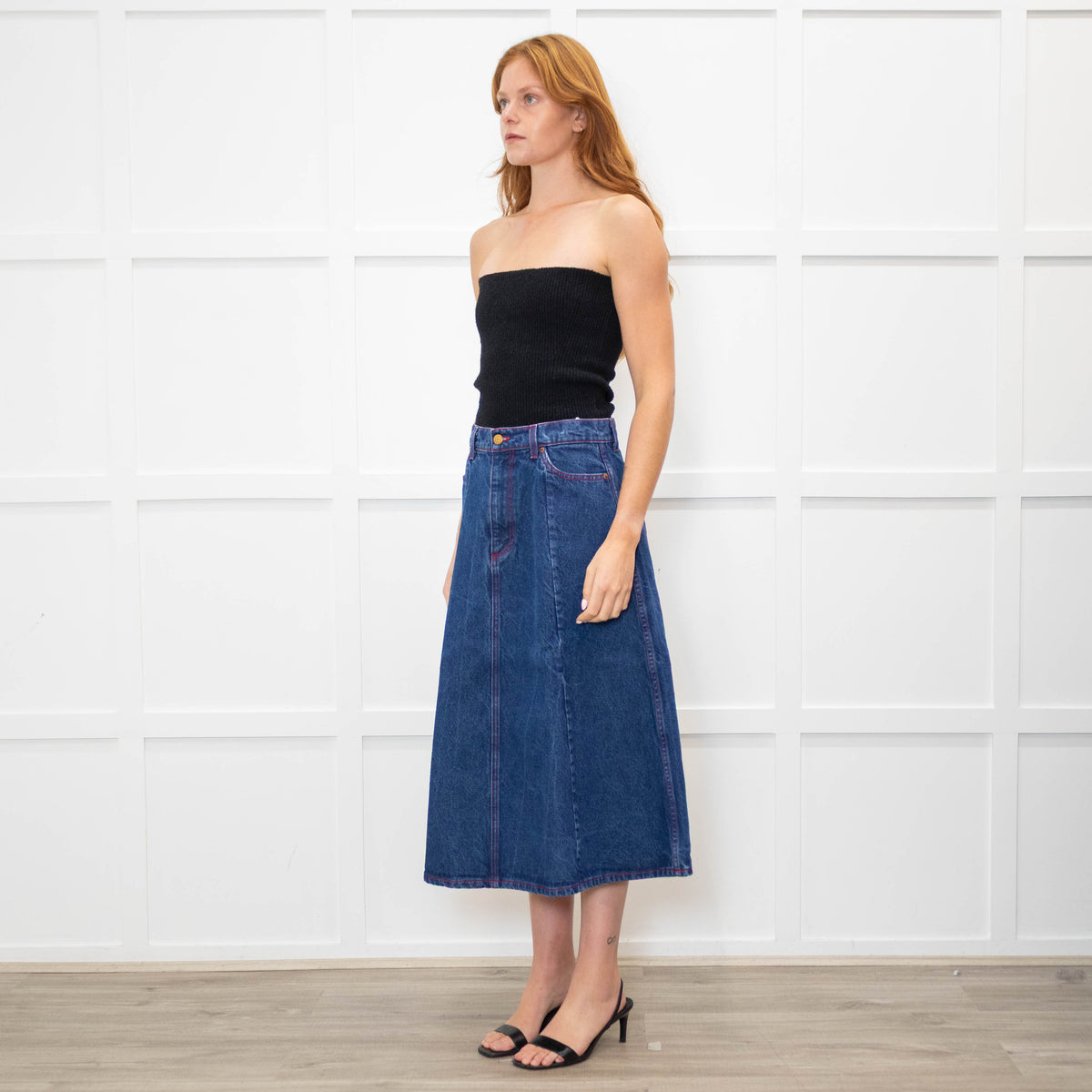 B Sides Dark Denim Midi Skirt with Red Stitching