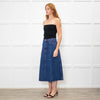 B Sides Dark Denim Midi Skirt with Red Stitching