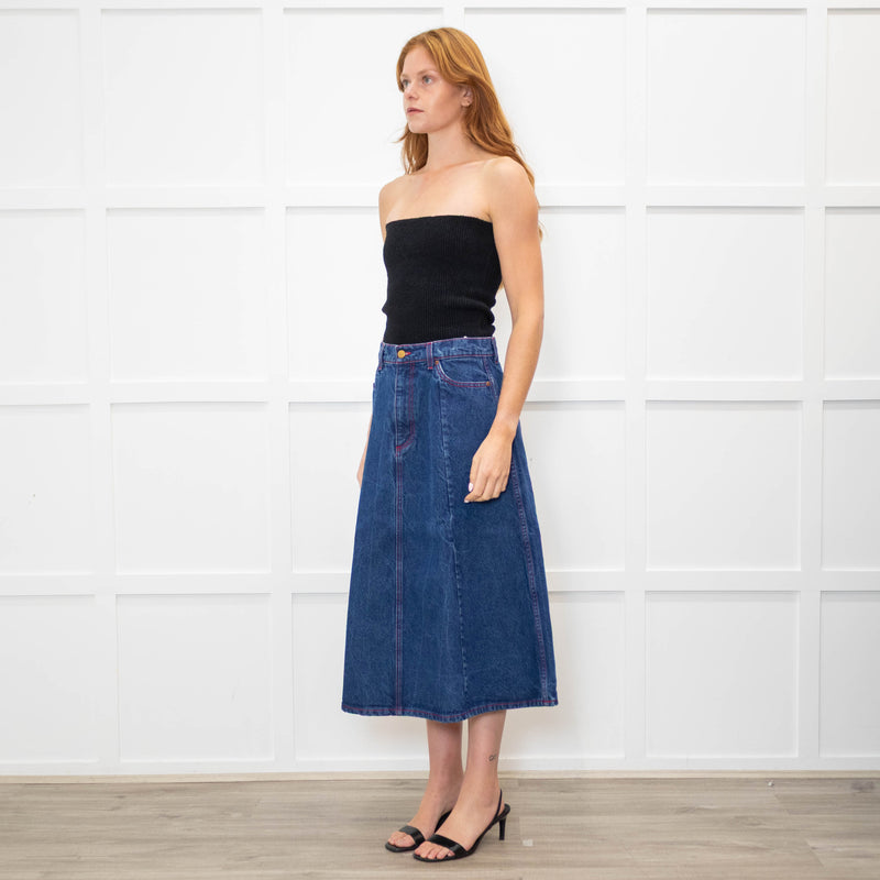 B Sides Dark Denim Midi Skirt with Red Stitching