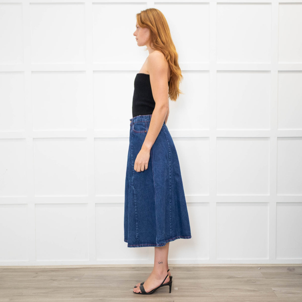 B Sides Dark Denim Midi Skirt with Red Stitching