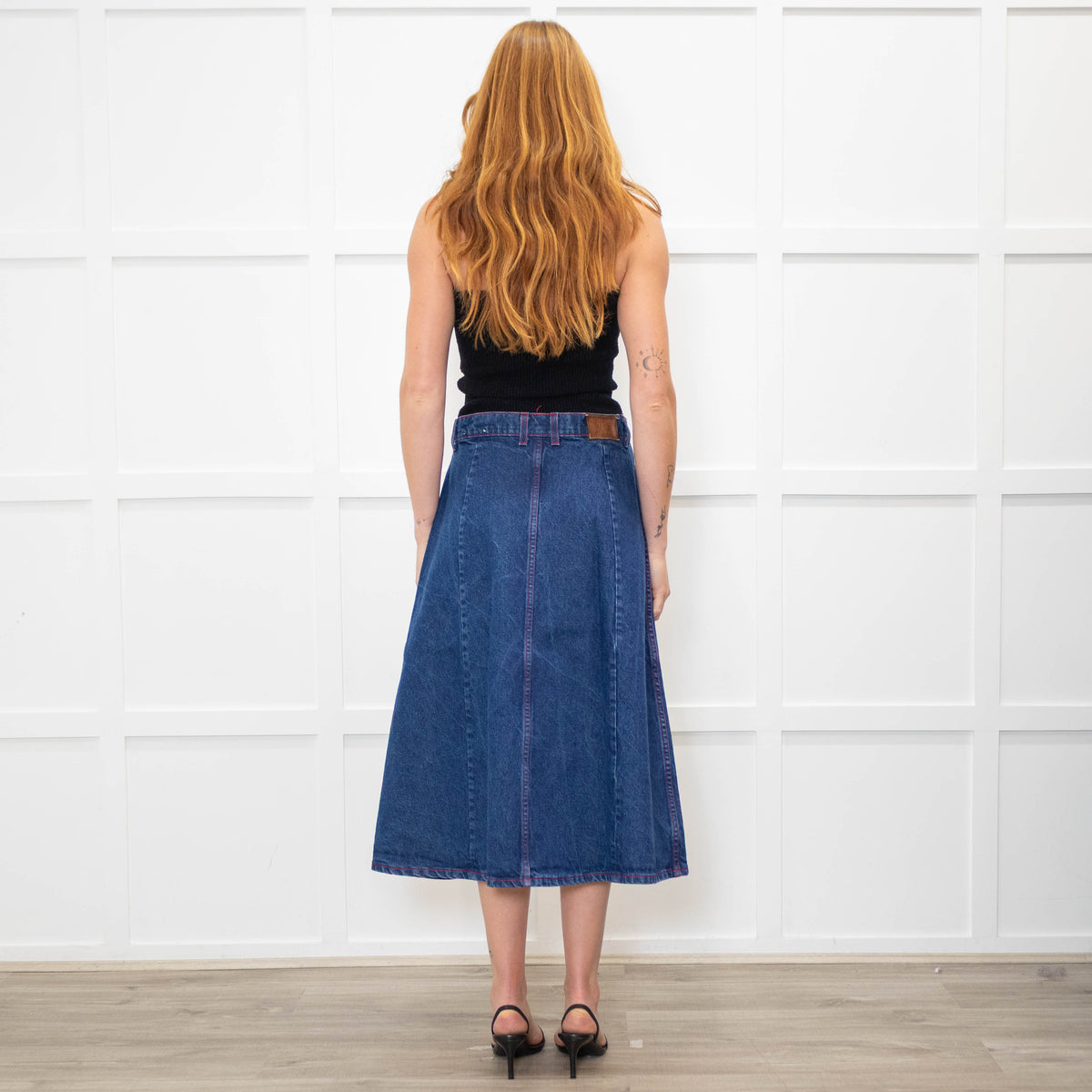 B Sides Dark Denim Midi Skirt with Red Stitching