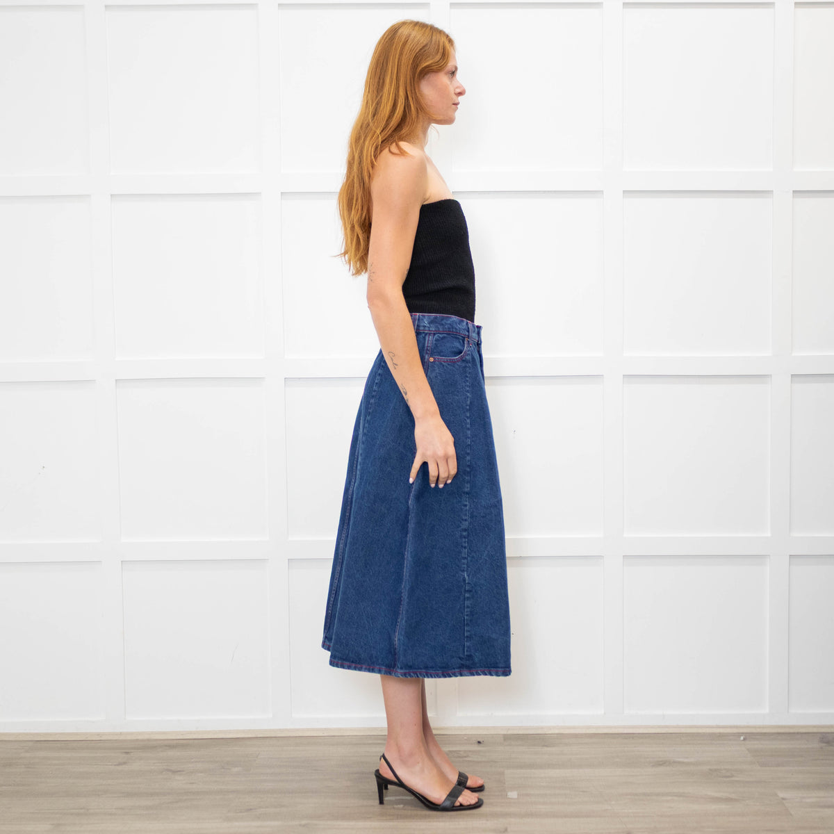 B Sides Dark Denim Midi Skirt with Red Stitching