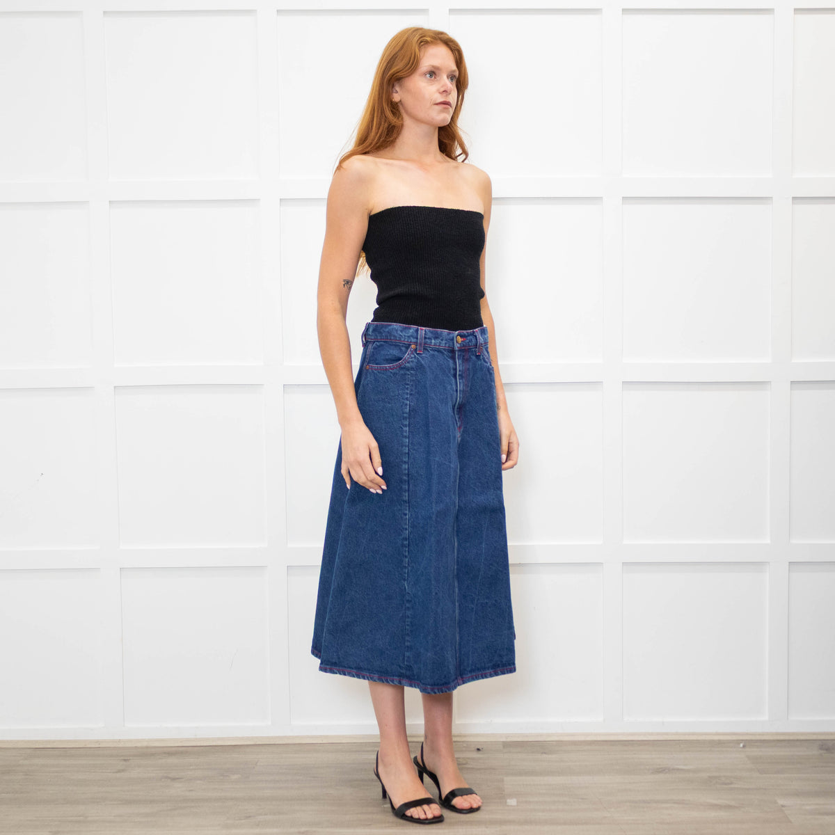 B Sides Dark Denim Midi Skirt with Red Stitching