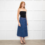 B Sides Dark Denim Midi Skirt with Red Stitching