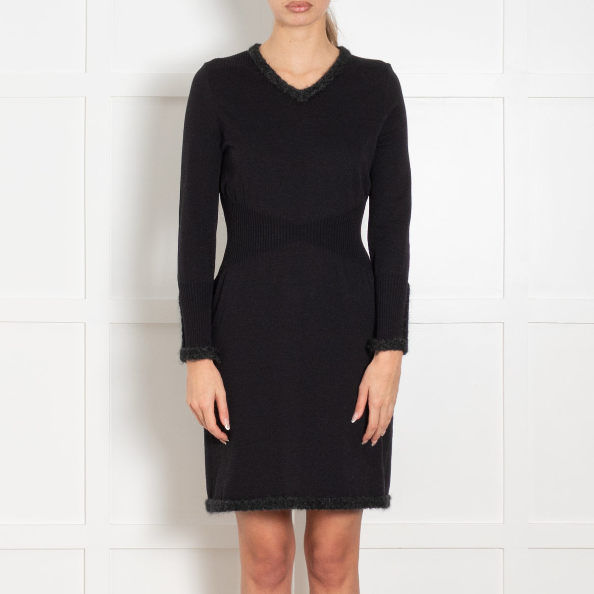 Chanel Black Wool Blend Grey Knit Trim Long Sleeve Dress
