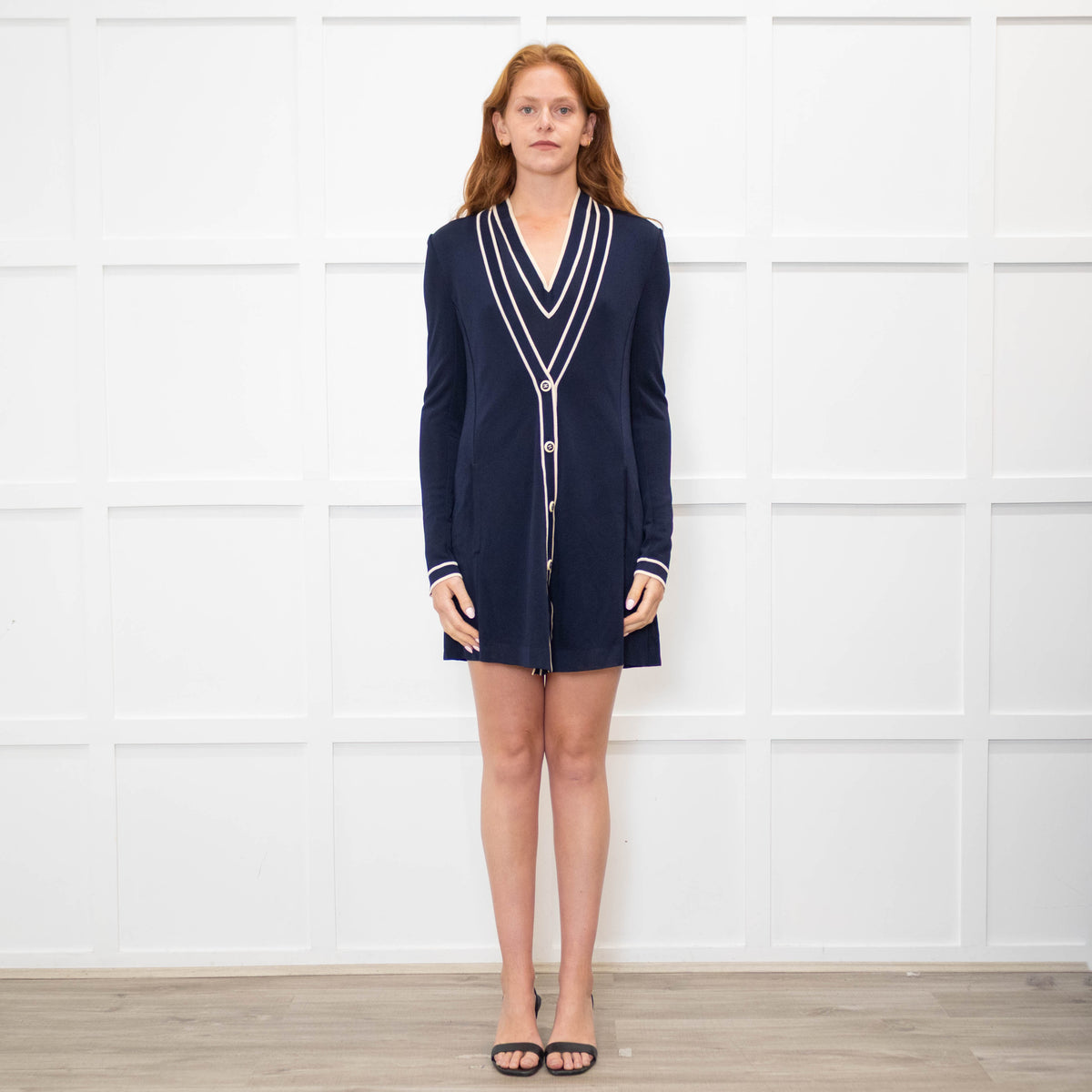 Chanel Navy Cream Trim CC Button Twinset