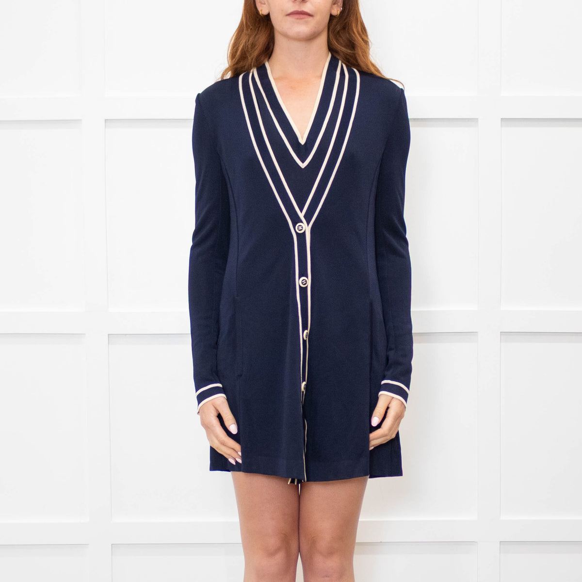 Chanel Navy Cream Trim CC Button Twinset