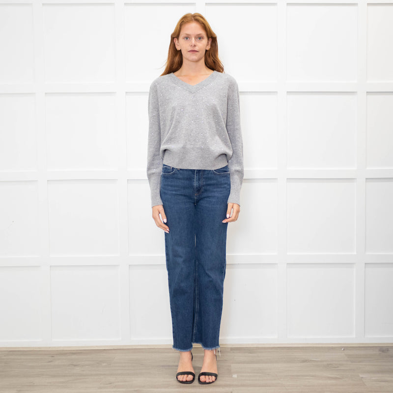 Kinross Cashmere Grey V Neck Sweater With Diamante