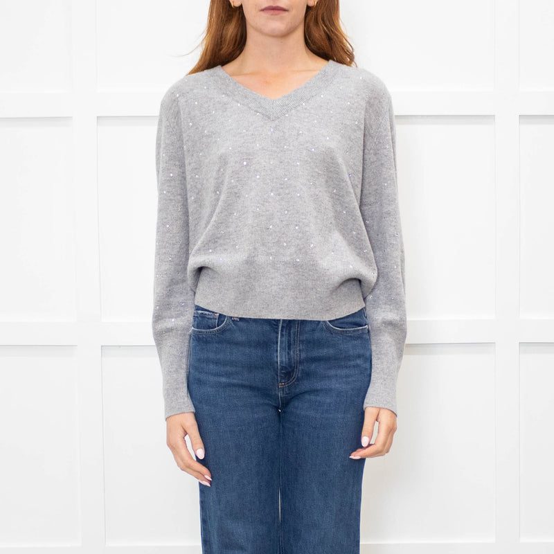 Kinross Cashmere Grey V Neck Sweater With Diamante