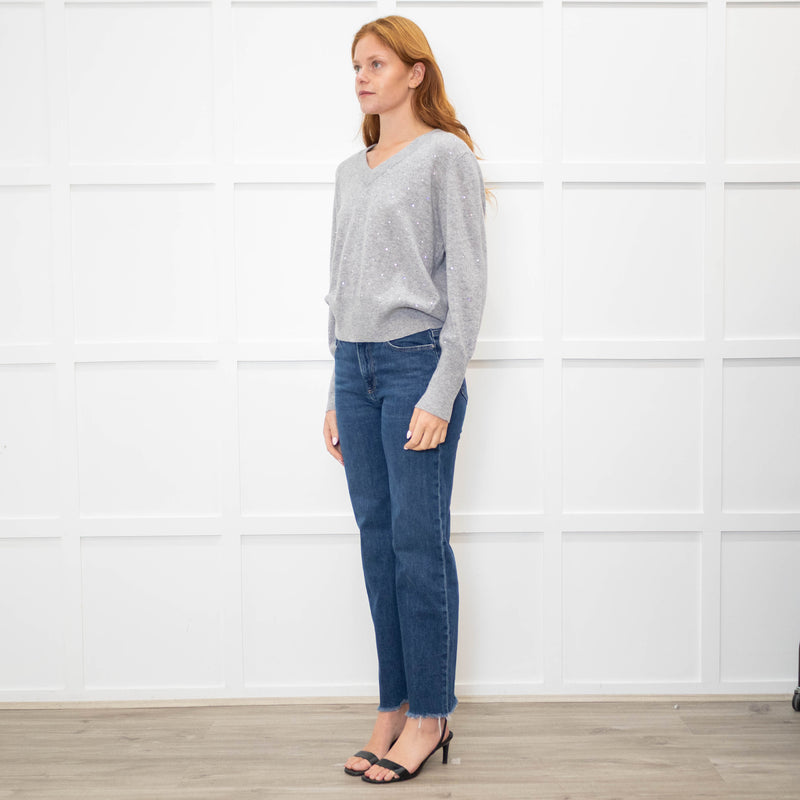 Kinross Cashmere Grey V Neck Sweater With Diamante