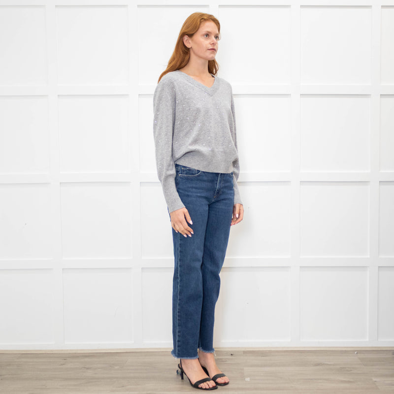 Kinross Cashmere Grey V Neck Sweater With Diamante