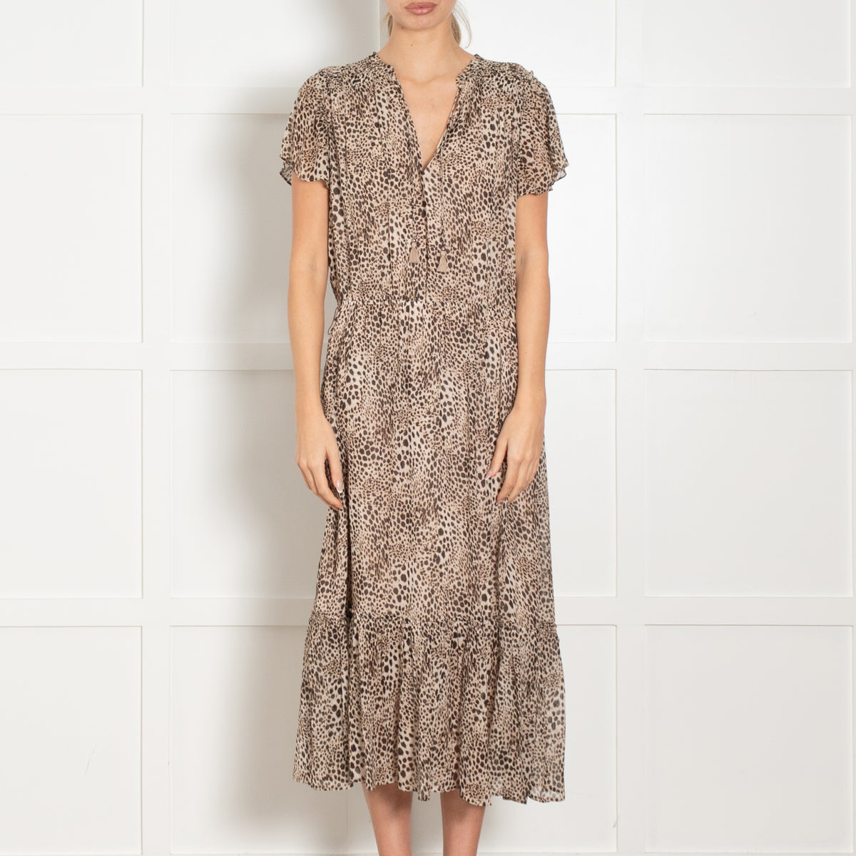 Paige Brown Animal Print Tiered Hem Short Sleeve Dress