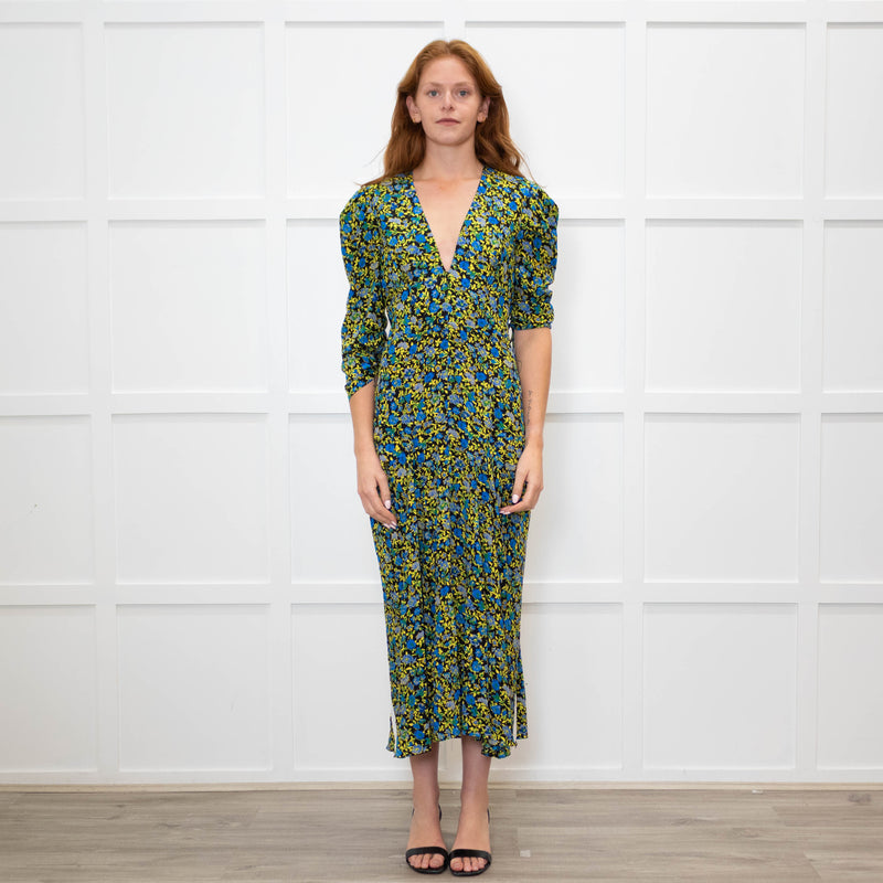 Victoria Beckham Black Blue Yellow Floral Long Sleeve Silk Dress