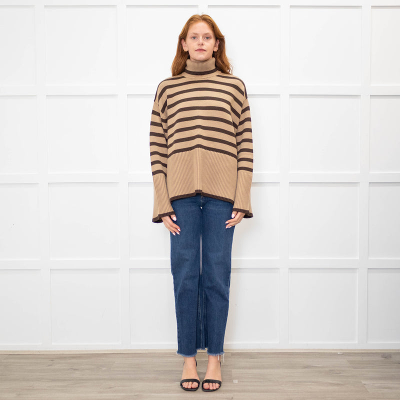 Toteme Beige Brown Striped Wool Blend Oversized Rollneck