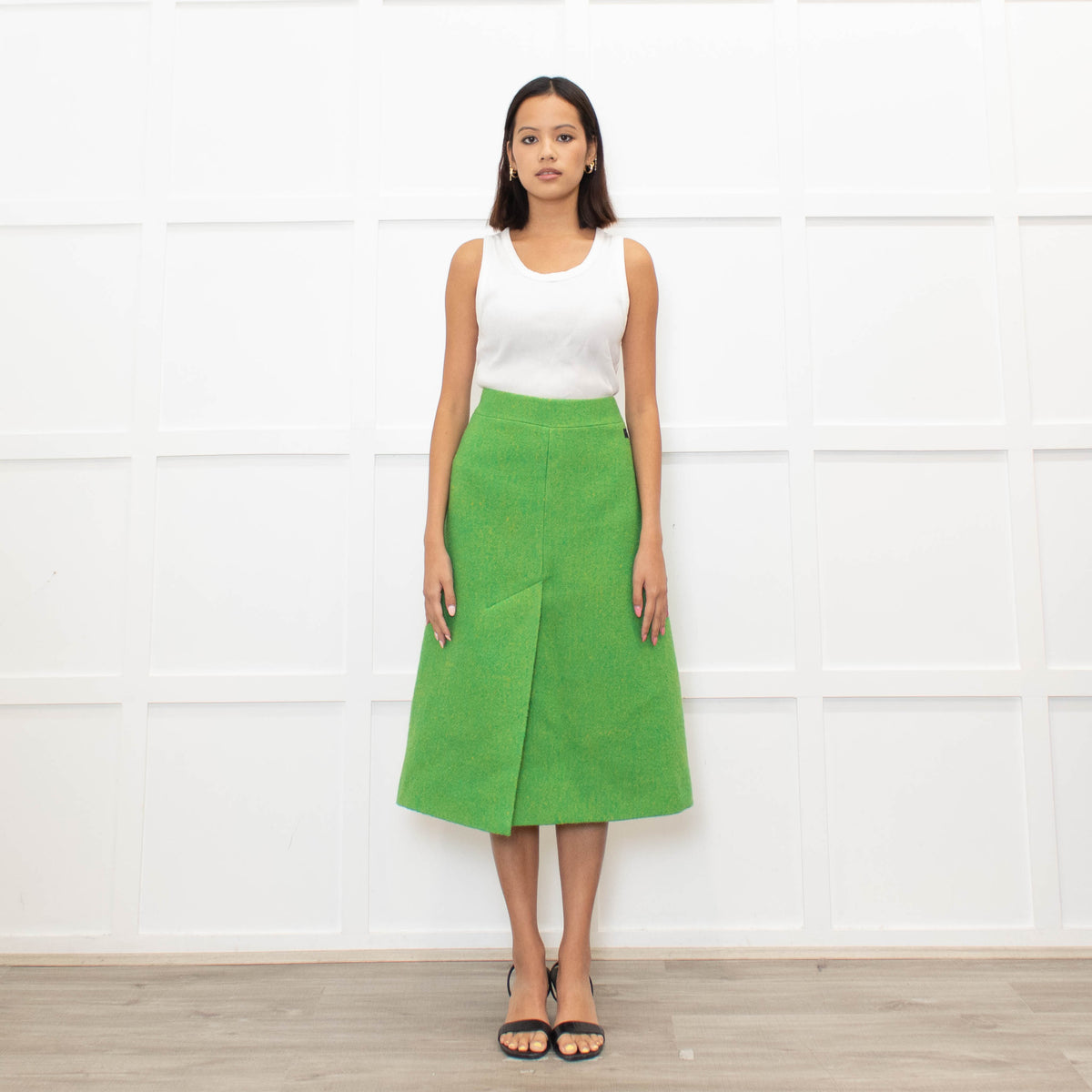 Ganni Lime Green Yellow Virgin Wool Tweedy A Line Skirt