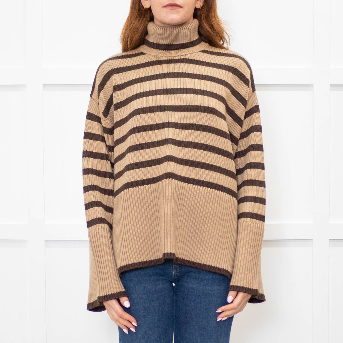 Toteme Beige Brown Striped Wool Blend Oversized Rollneck