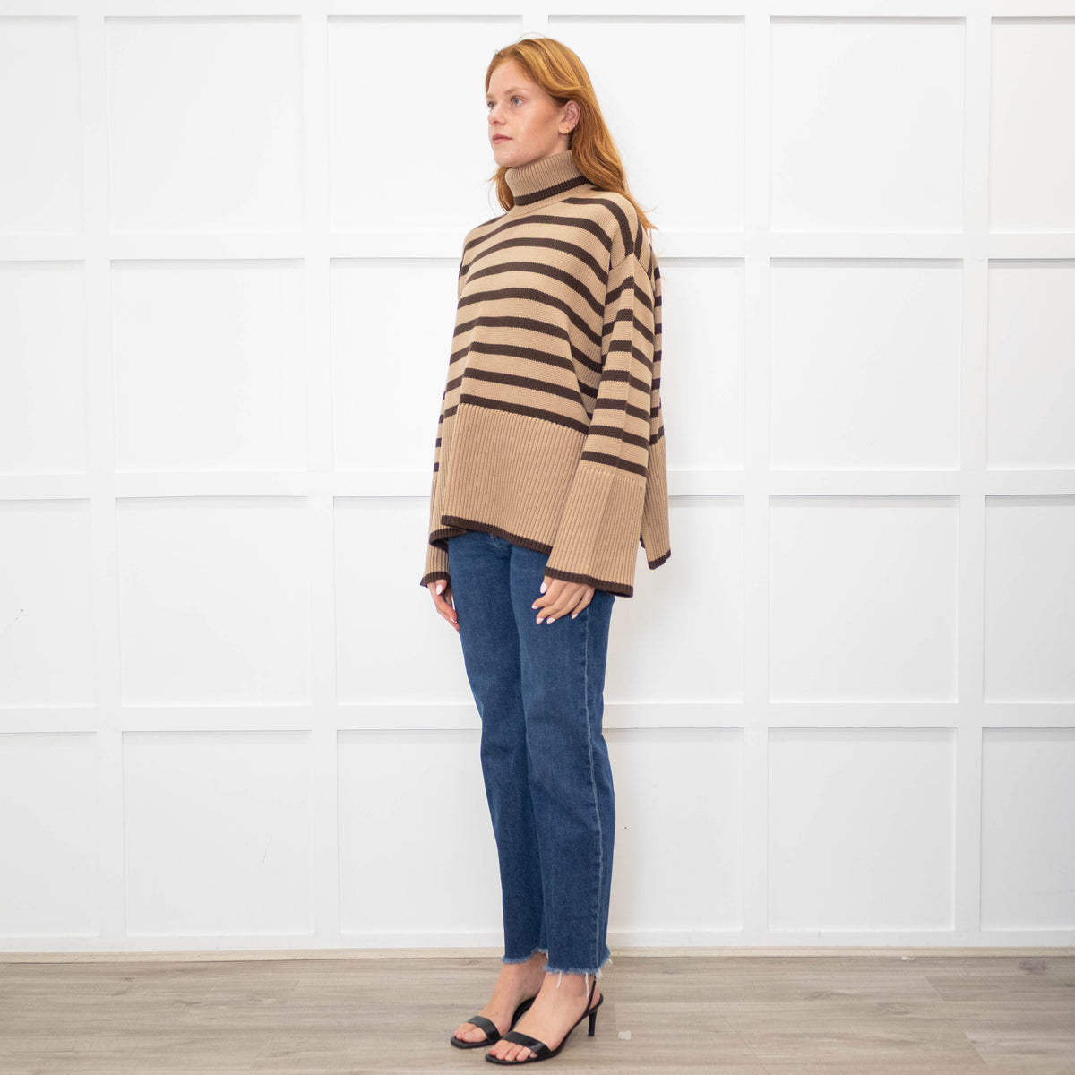 Toteme Beige Brown Striped Wool Blend Oversized Rollneck