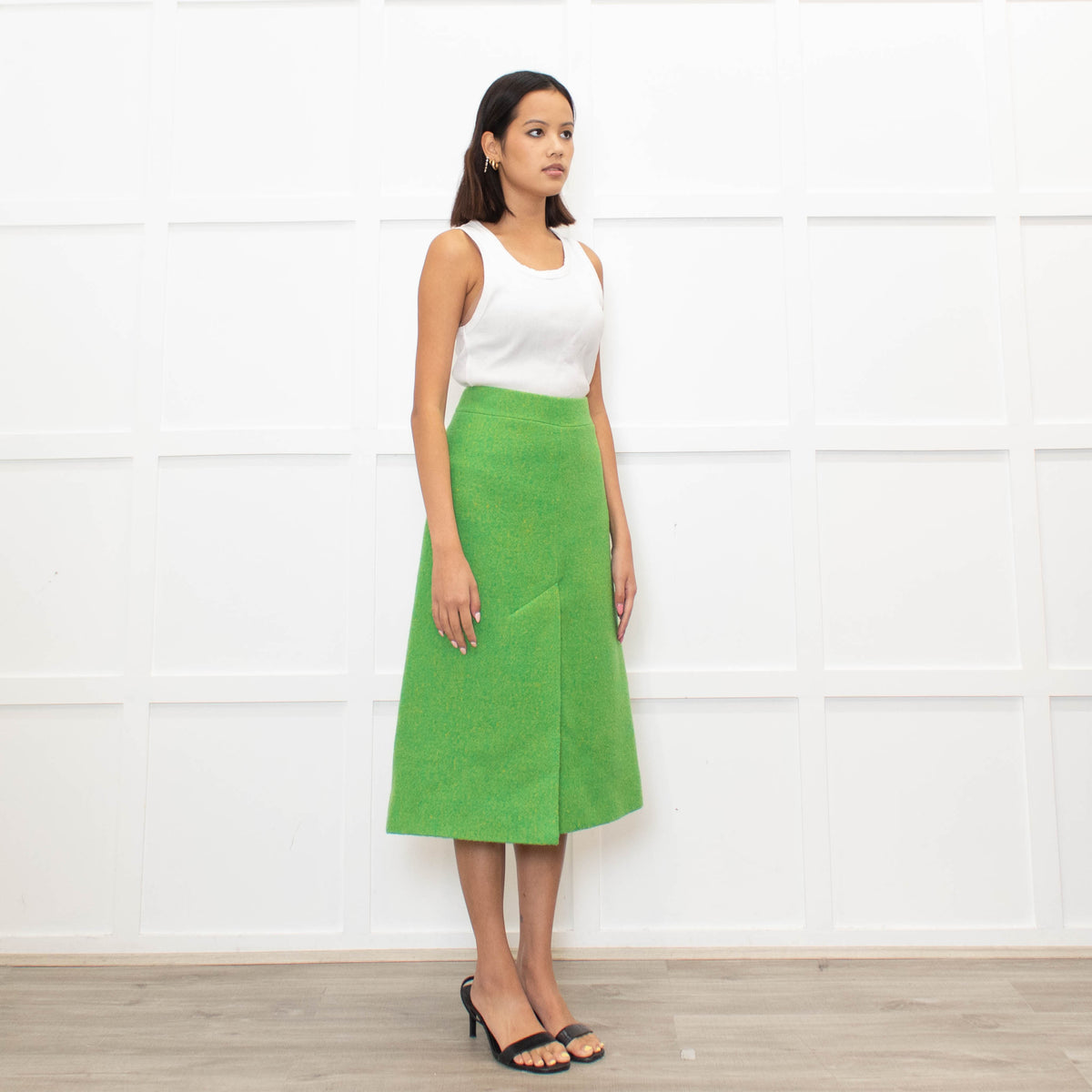 Ganni Lime Green Yellow Virgin Wool Tweedy A Line Skirt