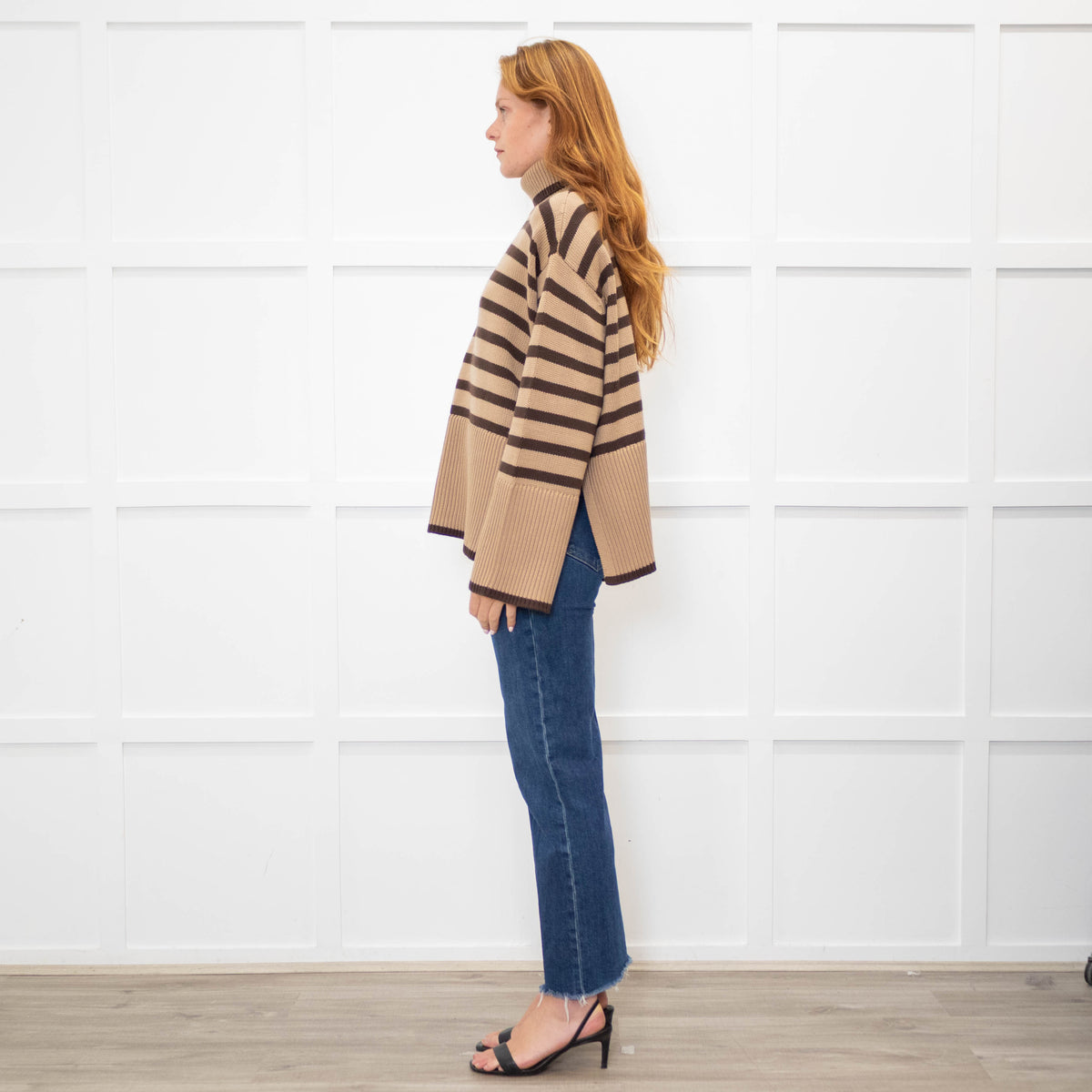Toteme Beige Brown Striped Wool Blend Oversized Rollneck