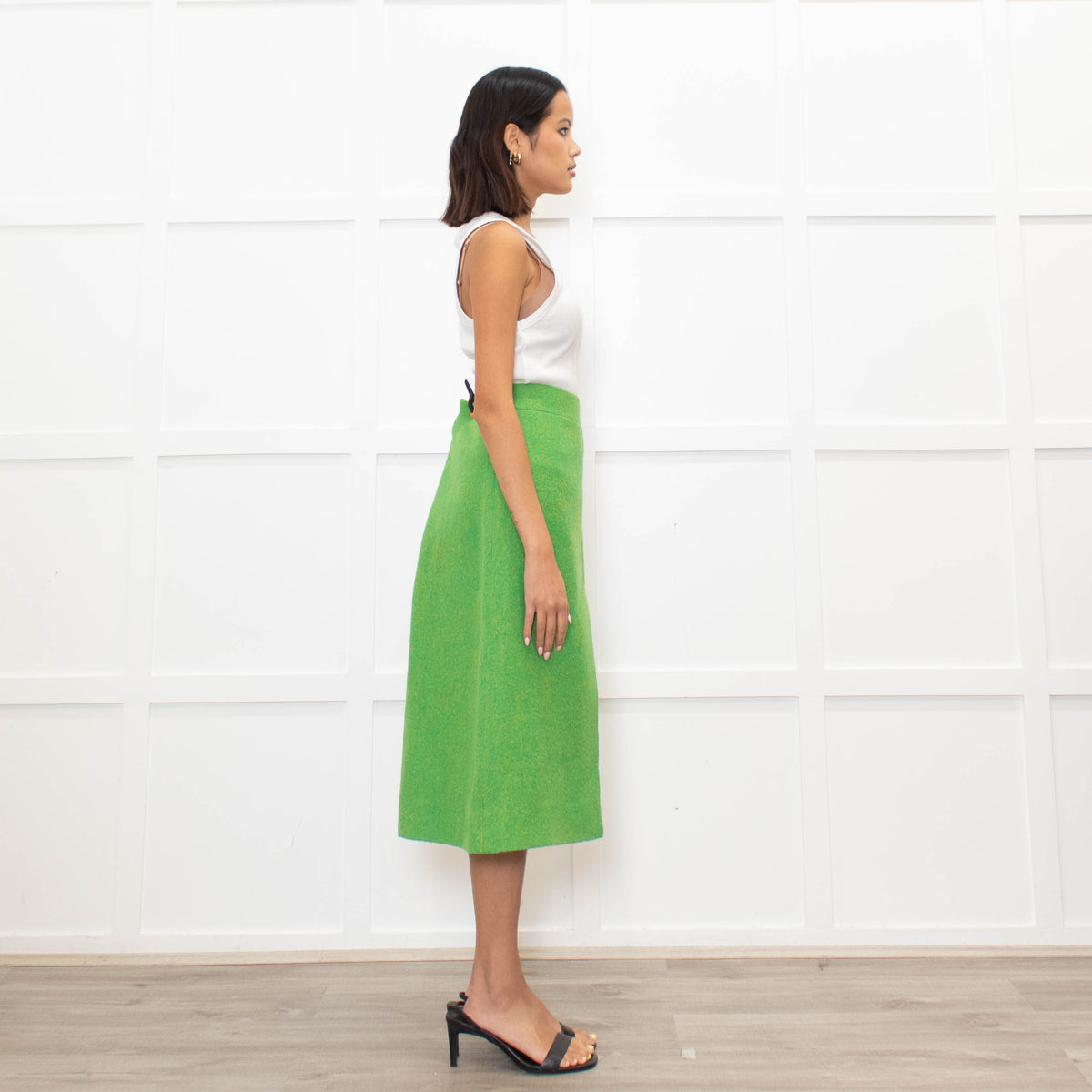 Ganni Lime Green Yellow Virgin Wool Tweedy A Line Skirt