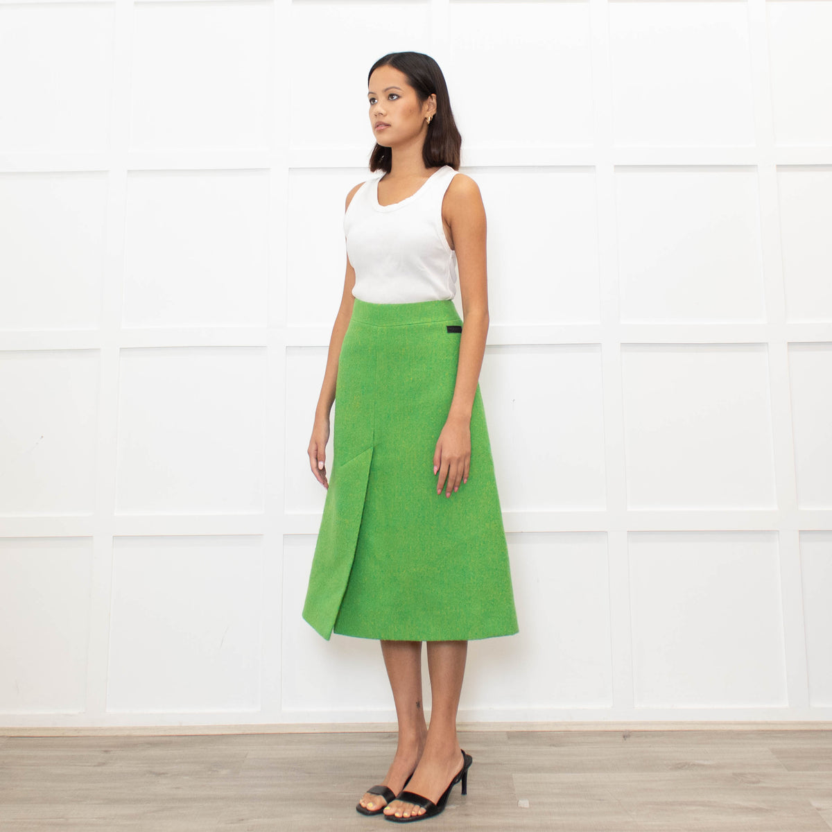 Ganni Lime Green Yellow Virgin Wool Tweedy A Line Skirt