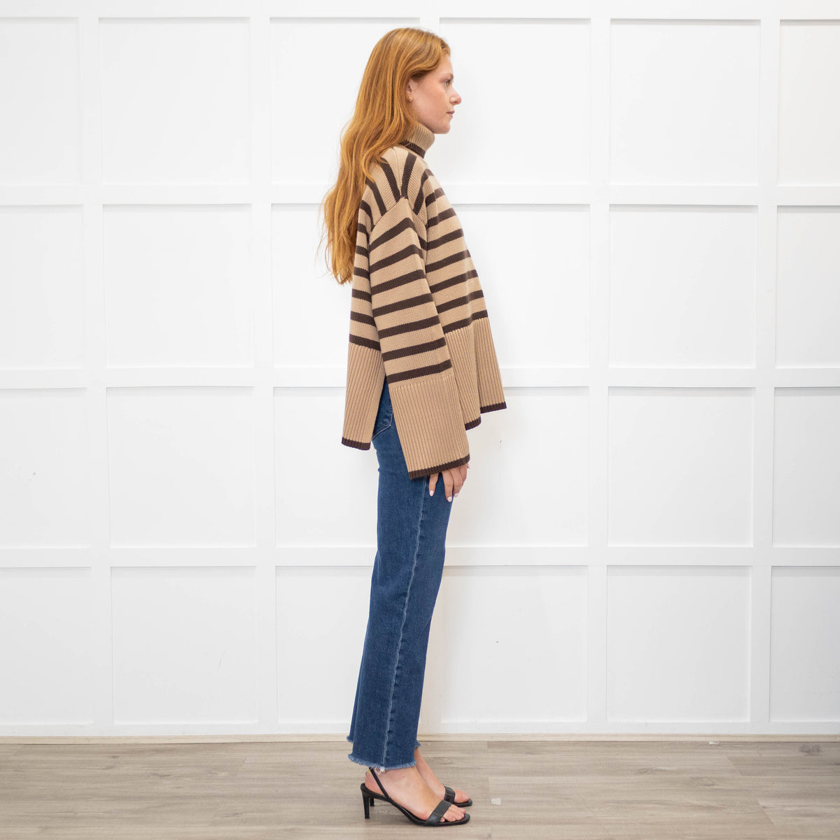 Toteme Beige Brown Striped Wool Blend Oversized Rollneck