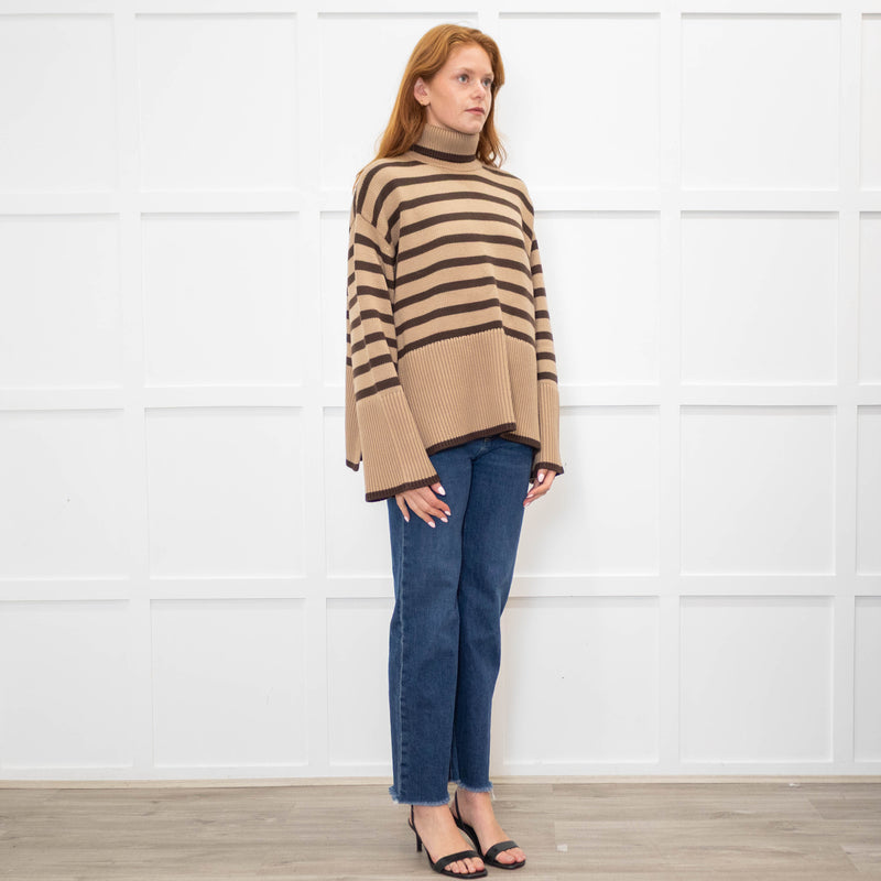 Toteme Beige Brown Striped Wool Blend Oversized Rollneck